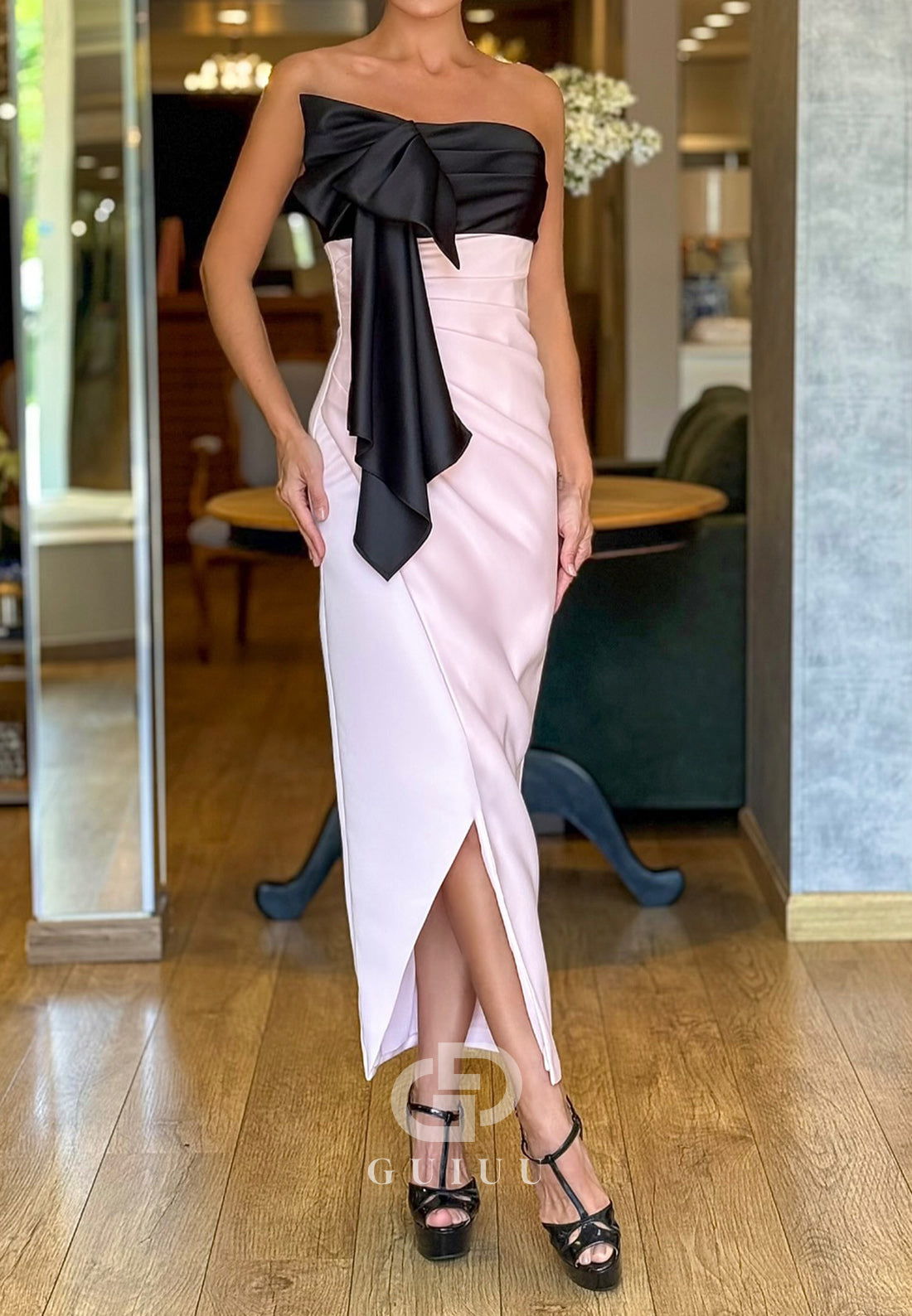 Elegant A-Line Sleeveless Strapless Bowknot Slit Mother of the Bride Dress