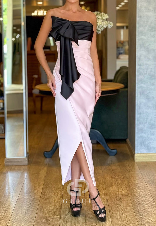 Elegant A-Line Sleeveless Strapless Bowknot Slit Mother of the Bride Dress