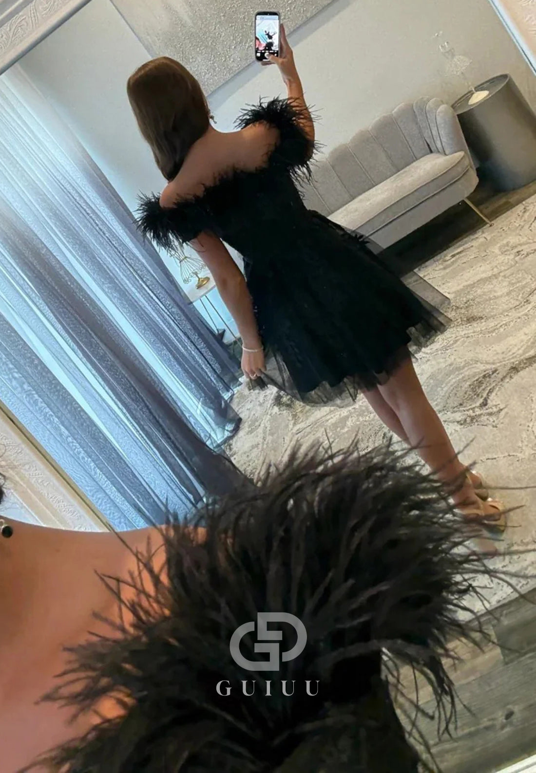 Elegant A Line Off the Shoulder Black Short Homecoming Dress with Feather