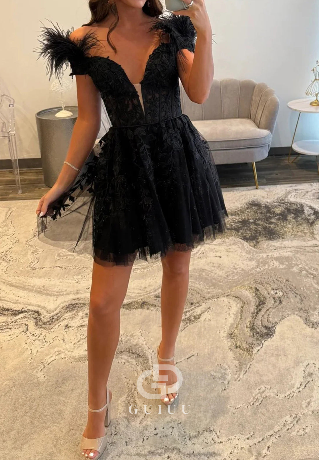 Elegant A Line Off the Shoulder Black Short Homecoming Dress with Feather