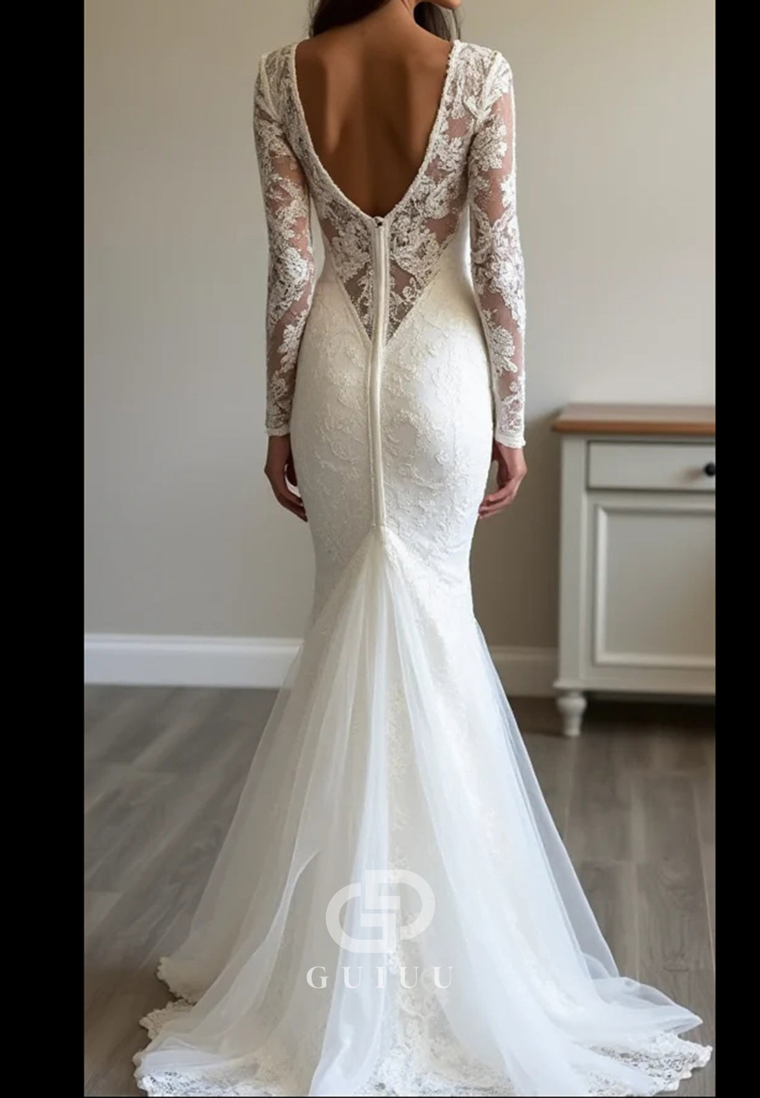 Elegant Long Sleeves Lace Mermaid Wedding Dress with Deep V-Back