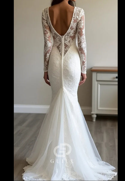 Elegant Long Sleeves Lace Mermaid Wedding Dress with Deep V-Back