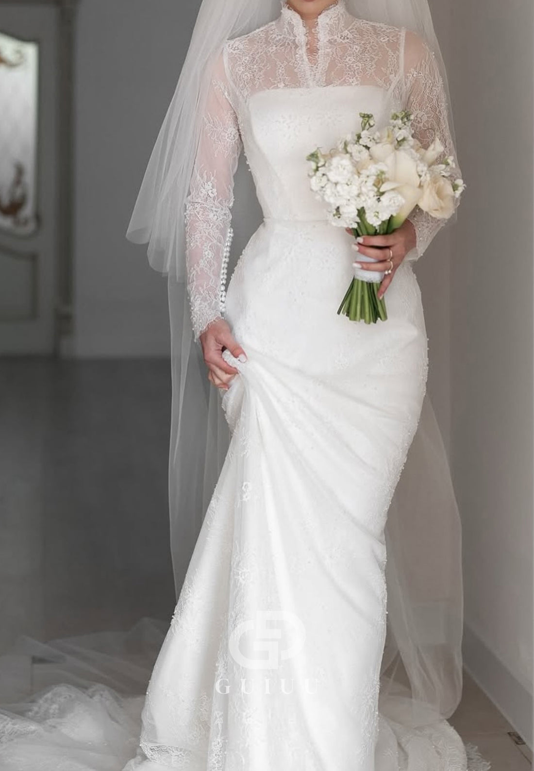 Elegant Long Sleeves High Neck Empire-Waist Lace Wedding Dress