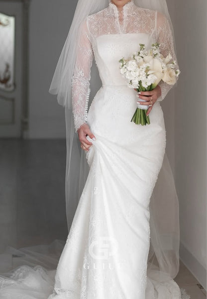Elegant Long Sleeves High Neck Empire-Waist Lace Wedding Dress