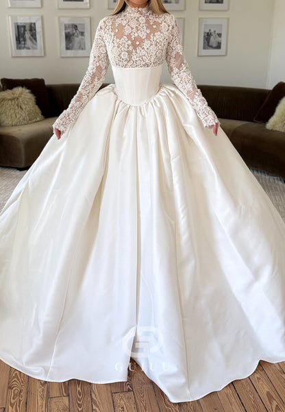 Elegant Long Sleeves High Neck Empire-Waist Wedding Dress