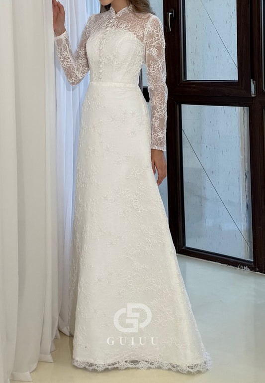 Elegant Long Sleeves High Neck Empire-Waist Wedding Dress