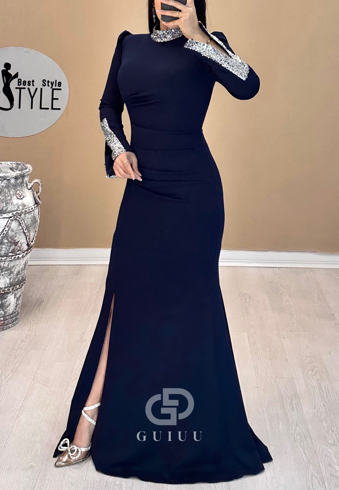 Elegant Long Sleeves High Neck Sequins Evening Dress