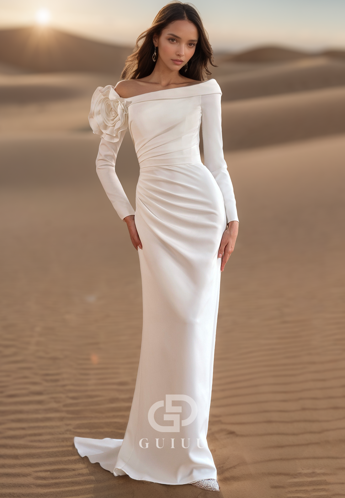Elegant Long Sleeves Off-Shoulder Floral Appliques Satin Wedding Dress