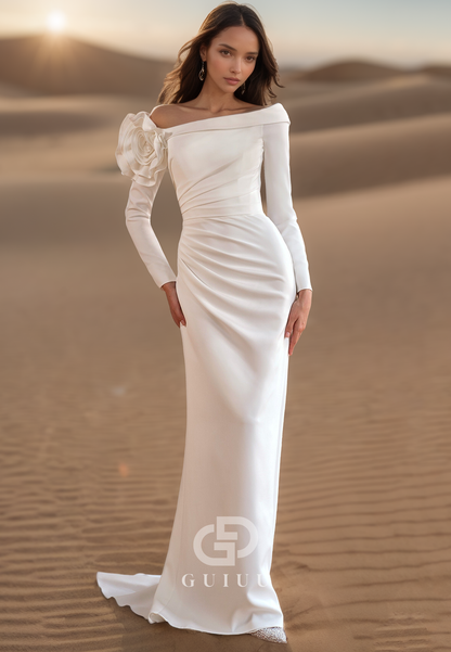 Elegant Long Sleeves Off-Shoulder Floral Appliques Satin Wedding Dress