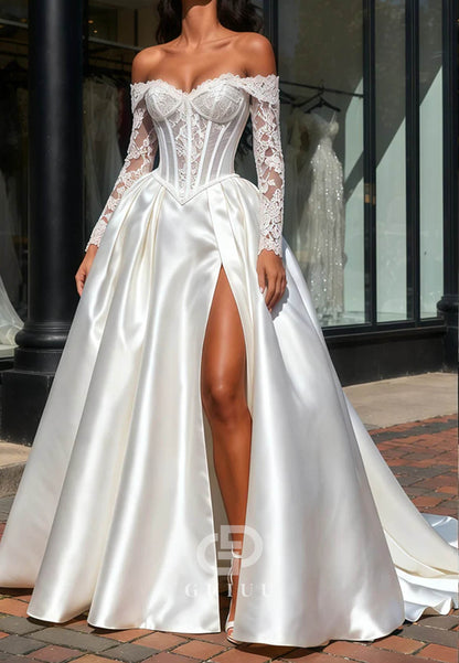 Elegant Long Sleeves Off-Shoulder Slit Satin Wedding Dress