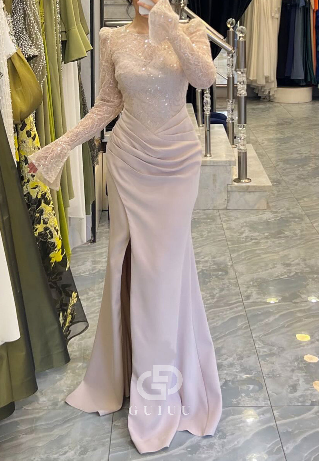 Elegant Long Sleeves Scoop Ruched Slit Empire-Waist Prom Dress