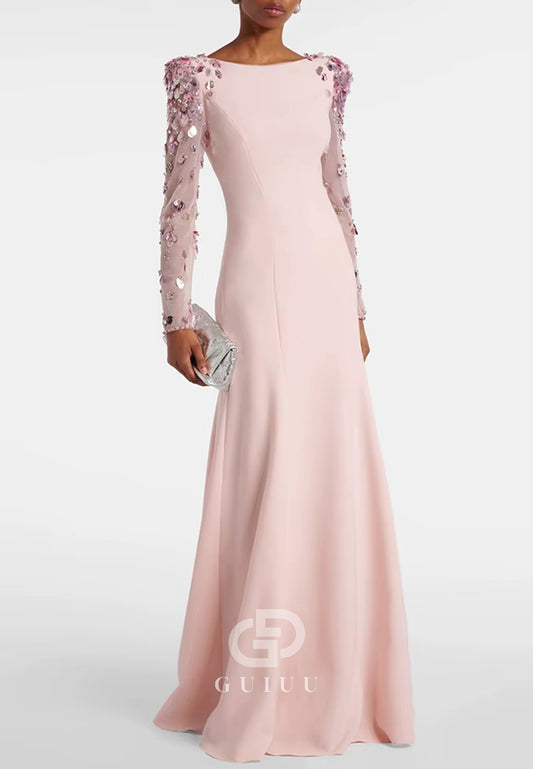 Elegant Long Sleeves Scoop Sequins A-Line Evening Dress