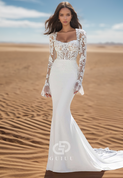 Elegant Long Sleeves Square Corset Tulle Mermaid Wedding Dress