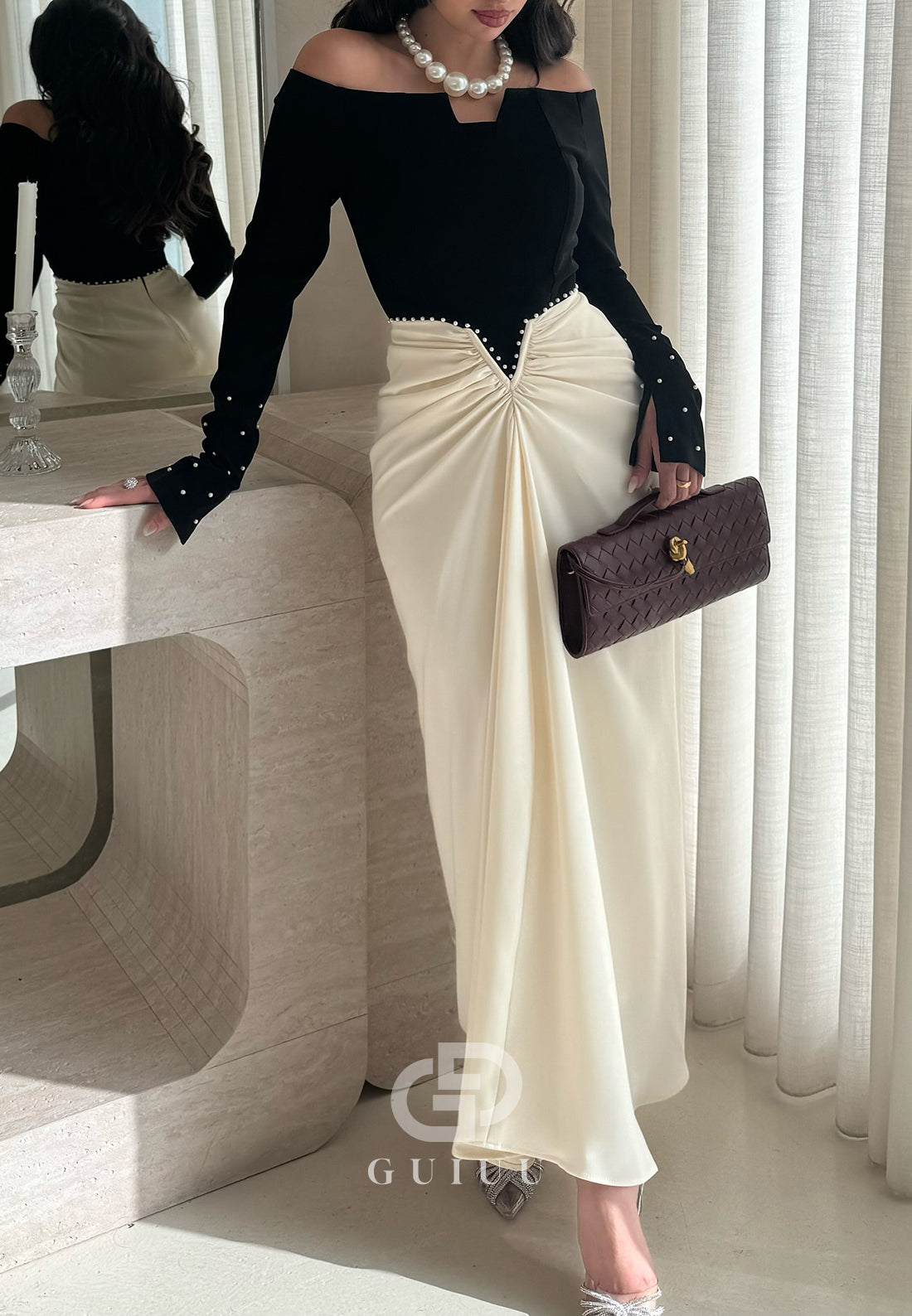 Elegant Long Sleeves Sweetheart Ruched Ankle-Length Evening Dress