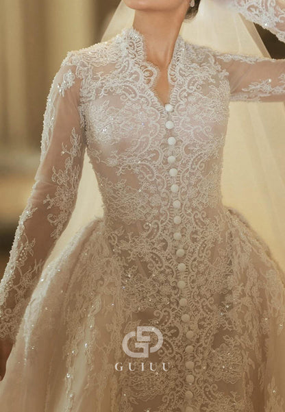 Elegant Long Sleeves V-Neck A-Line Lace Wedding Dress