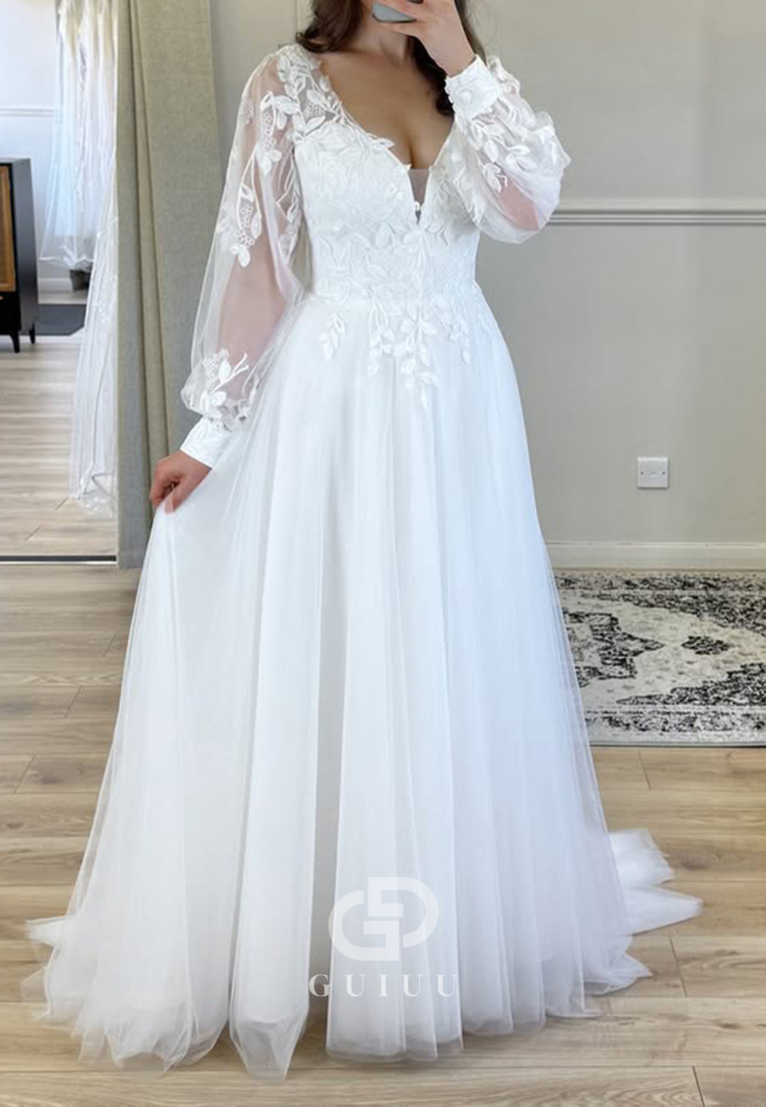 Elegant Long Sleeves V-Neck Corset Lace Wedding Dress