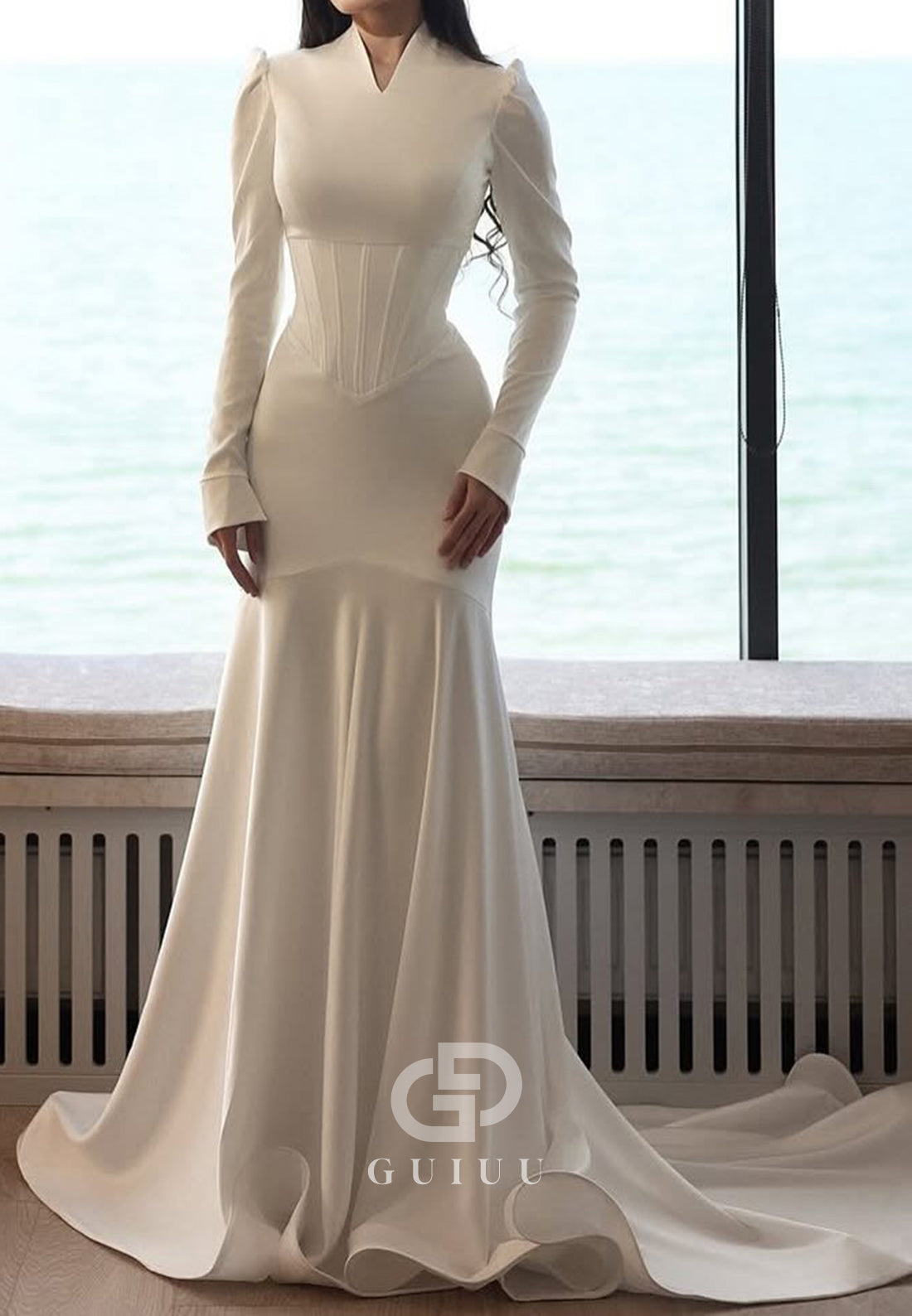 Elegant Long Sleeves V-Neck Satin Mermaid Wedding Dress