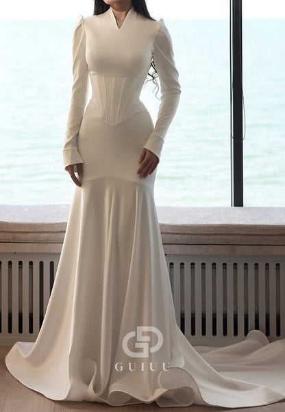Elegant Long Sleeves V-Neck Satin Mermaid Wedding Dress