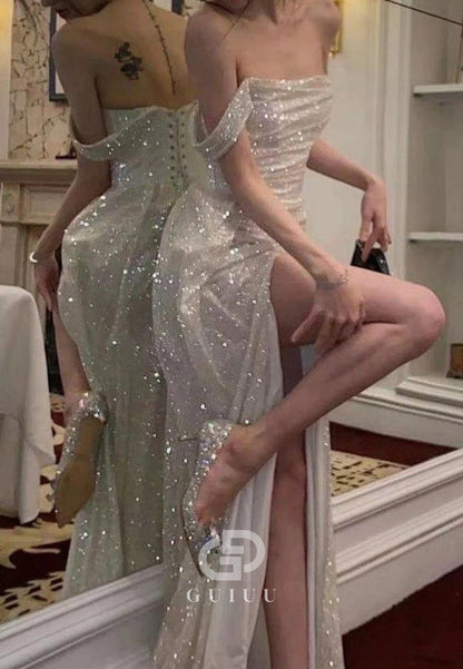 Elegant Mermaid Off the Shoulder Silver Sequins Long Prom Dress