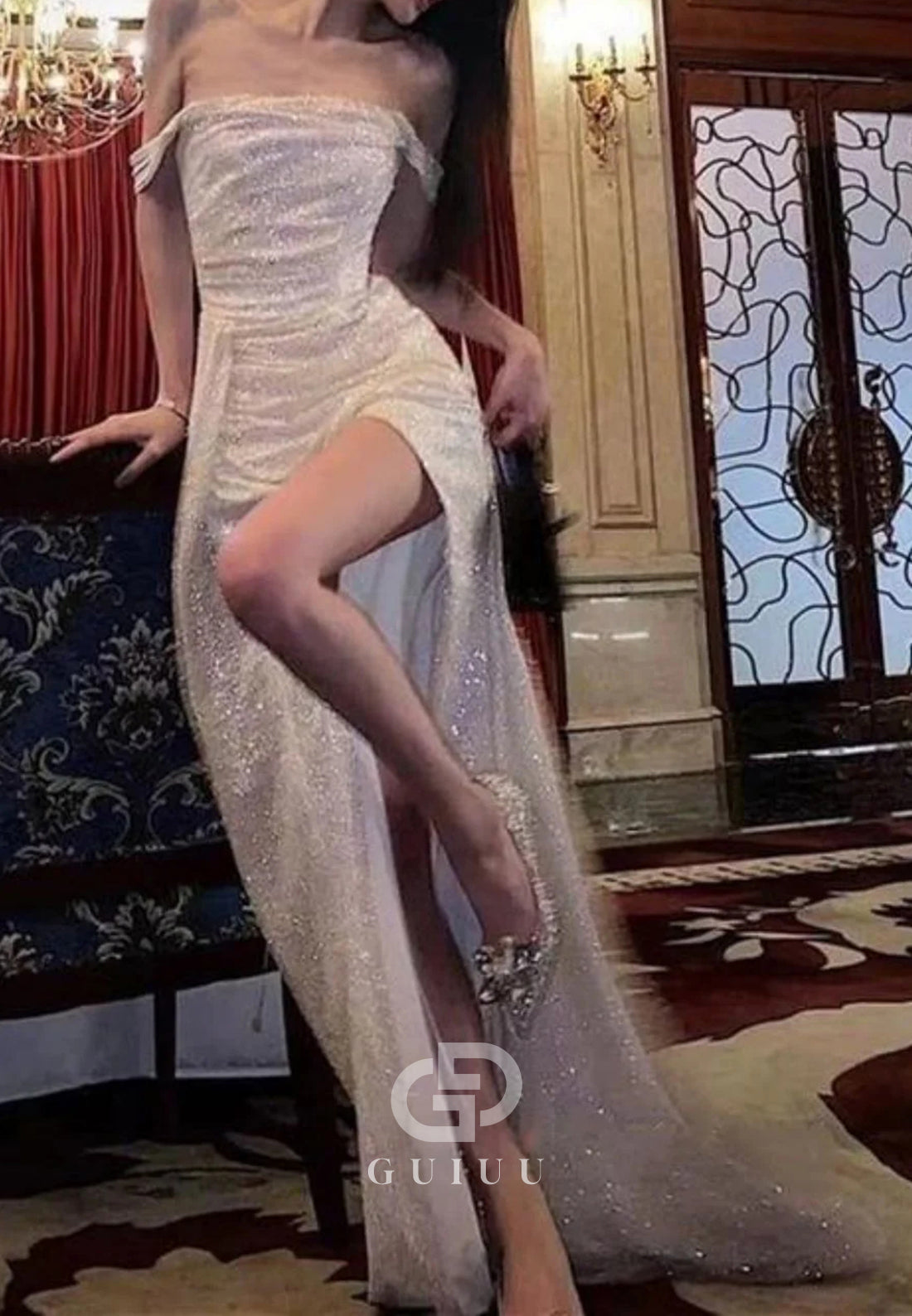 Elegant Mermaid Off the Shoulder Silver Sequins Long Prom Dress