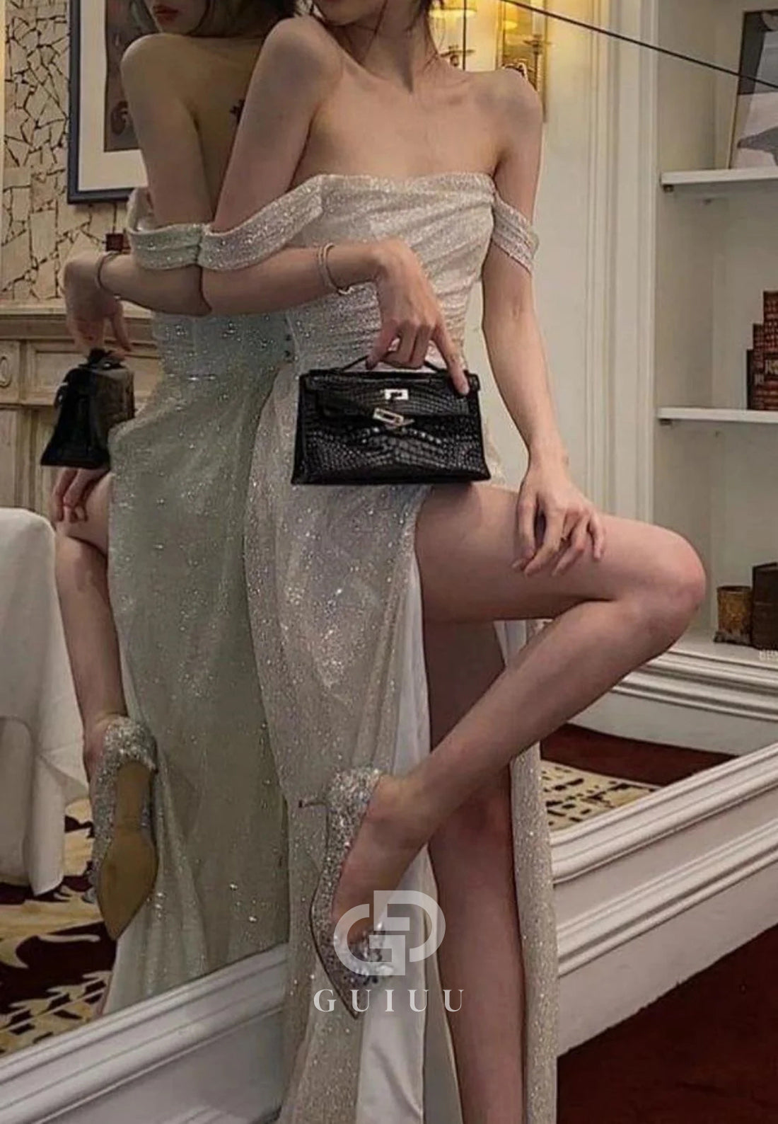 Elegant Mermaid Off the Shoulder Silver Sequins Long Prom Dress