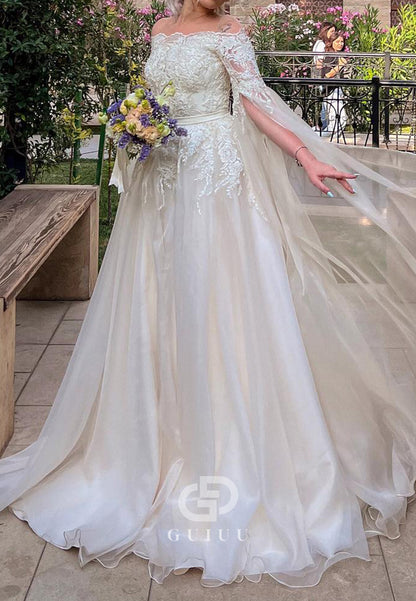 Elegant Off-Shoulder Cape A-Line Appliques Lace Wedding Dress