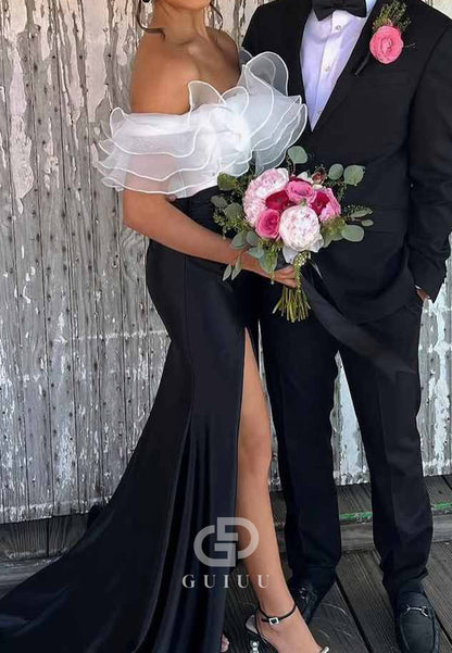 Elegant Off-Shoulder Mermaid Ruffles Formal Prom Dress with Slit