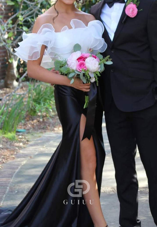 Elegant Off-Shoulder Mermaid Ruffles Formal Prom Dress with Slit
