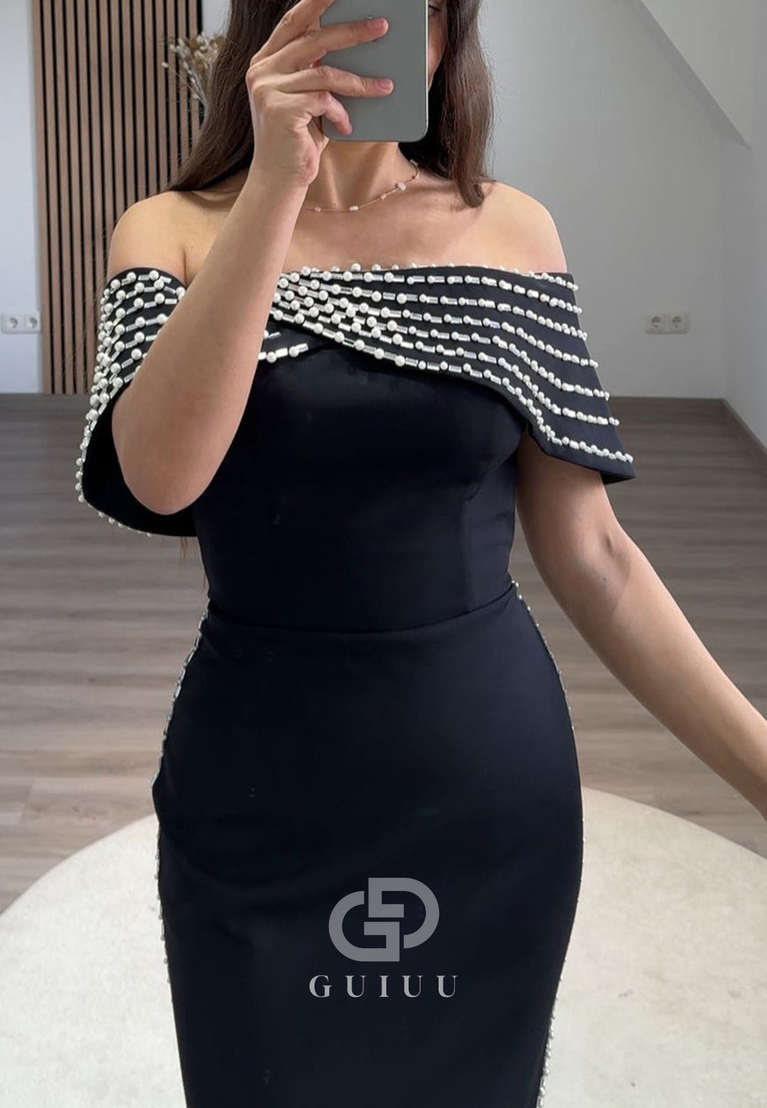 Elegant Off-Shoulder Prom Dress with Pearls Ruched Formal Dress