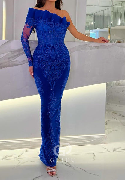 Elegant One Shoulder Long Sleeves Appliques Sheath Evening Dress