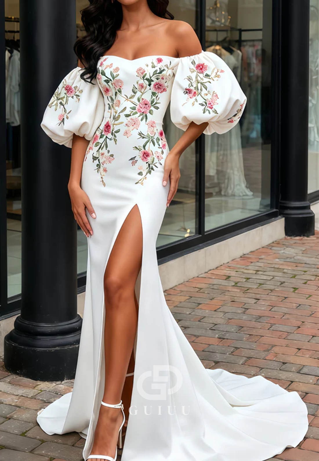 Elegant Short Sleeves Off-Shoulder Slit Appliques Wedding Dress