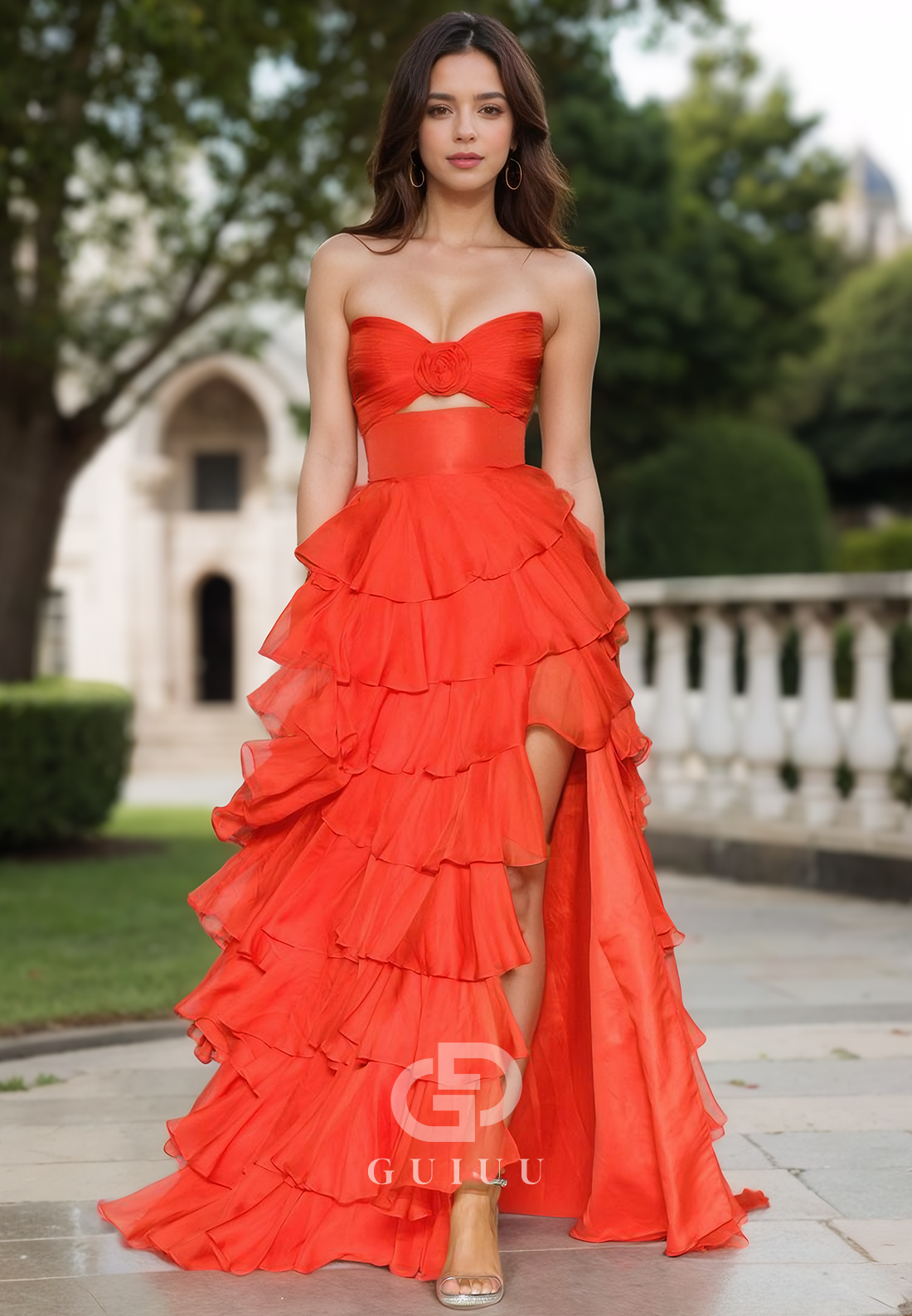 Elegant Sleeveless Strapless Prom Dress with Slit Ruffles Evening Party Dress