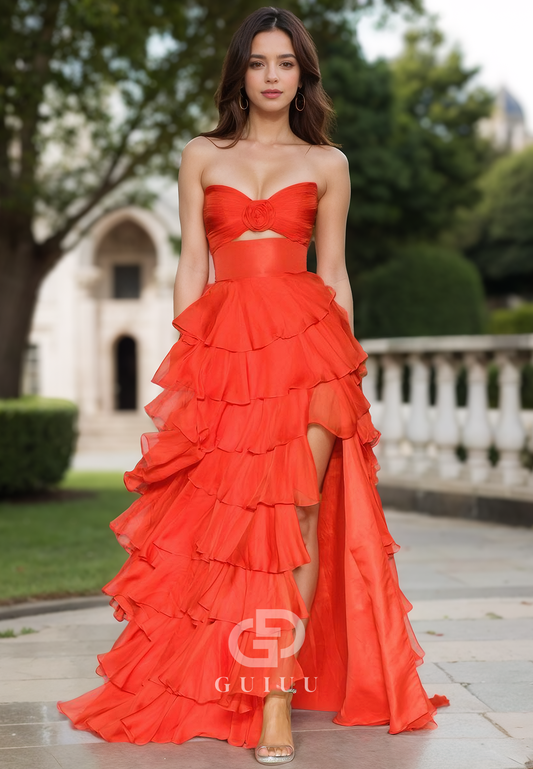 Elegant Sleeveless Strapless Prom Dress with Slit Ruffles Evening Party Dress