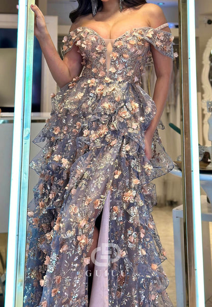 Elegant Sweetheart Sleeveless Floral Appliques Ruffles Prom Dress