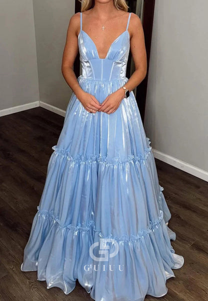 Cute A-Line V Neck Light Blue Glitter Organza Satin Prom Dress