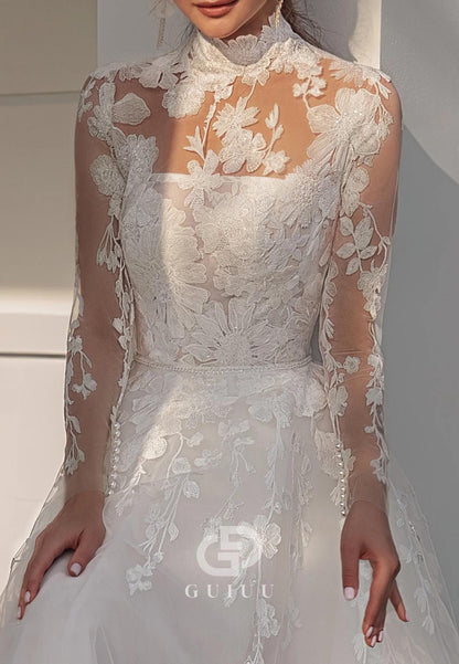 Elegant A-Line Long Sleeves High Neck Appliques Lace Wedding Dress