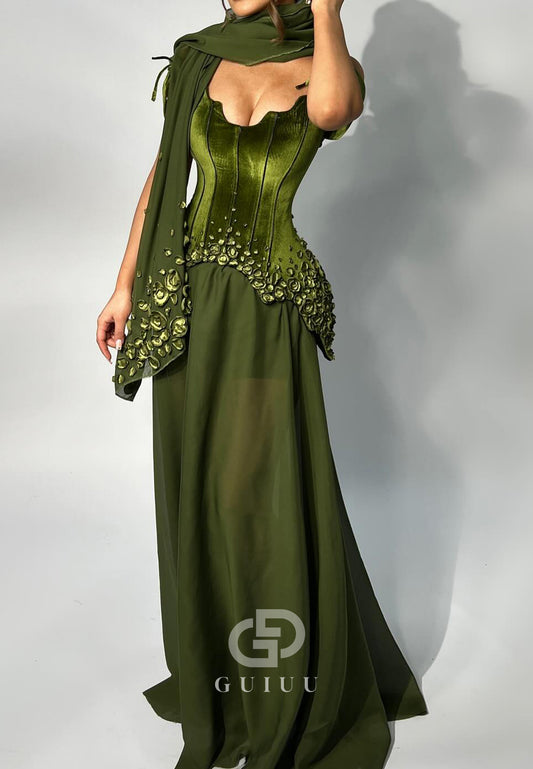 Eucalyptus Spaghetti Straps Floral Appliques Evening Dress