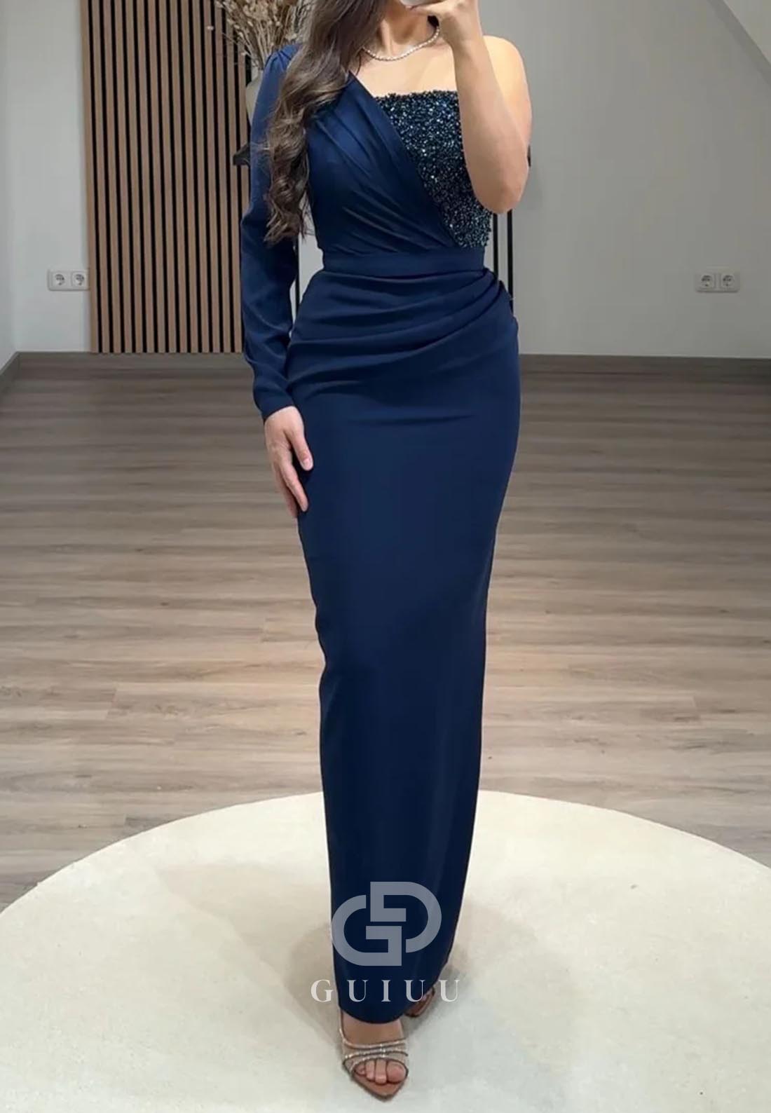 Charming A-Line One Shoulder Long Sleeves Sequins Evening Dress