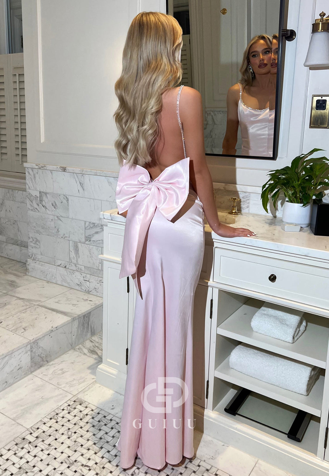 Spaghetti Straps Scoop Prom Dress with Bowknot Backless Evening Party Dress