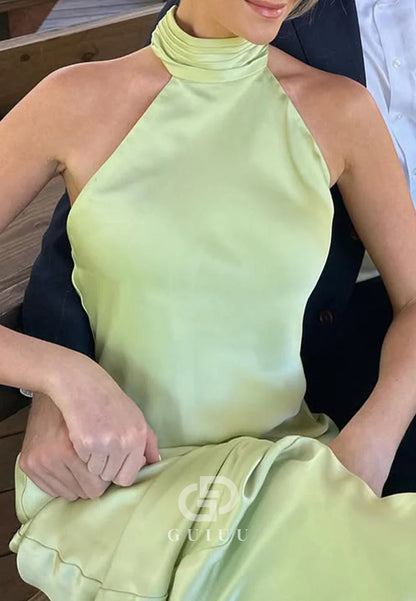 Fashion Sheath Halter Neck Green Long Prom Dress with Open Back