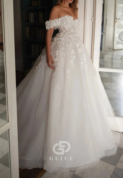 Fashionable 3D Appliques Marriages A Line Tulle Lace Wedding Dress