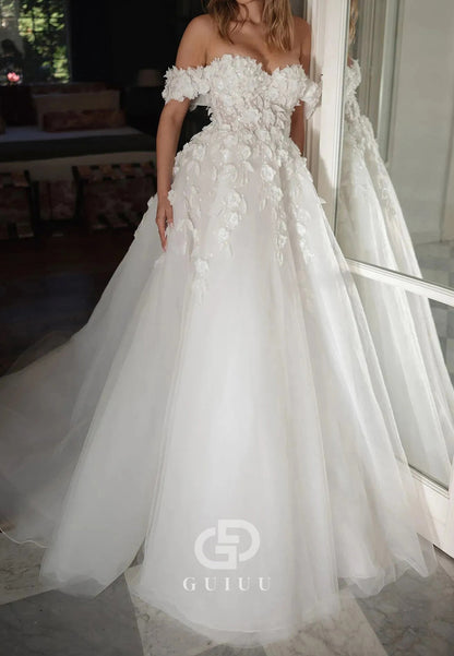 Fashionable 3D Appliques Marriages A Line Tulle Lace Wedding Dress