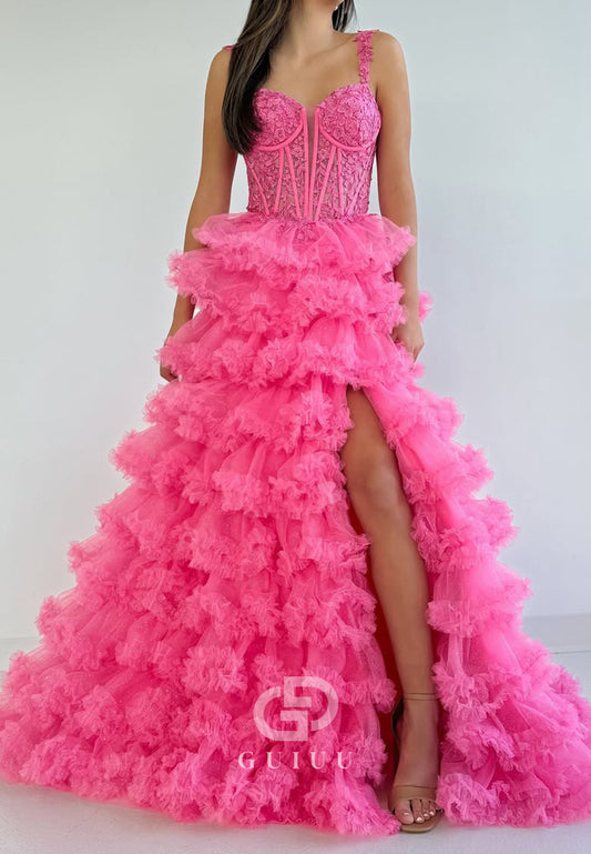 Flamingo A-Line Sweetheart Prom Dress with Slit Ruffles Evening Party Dress