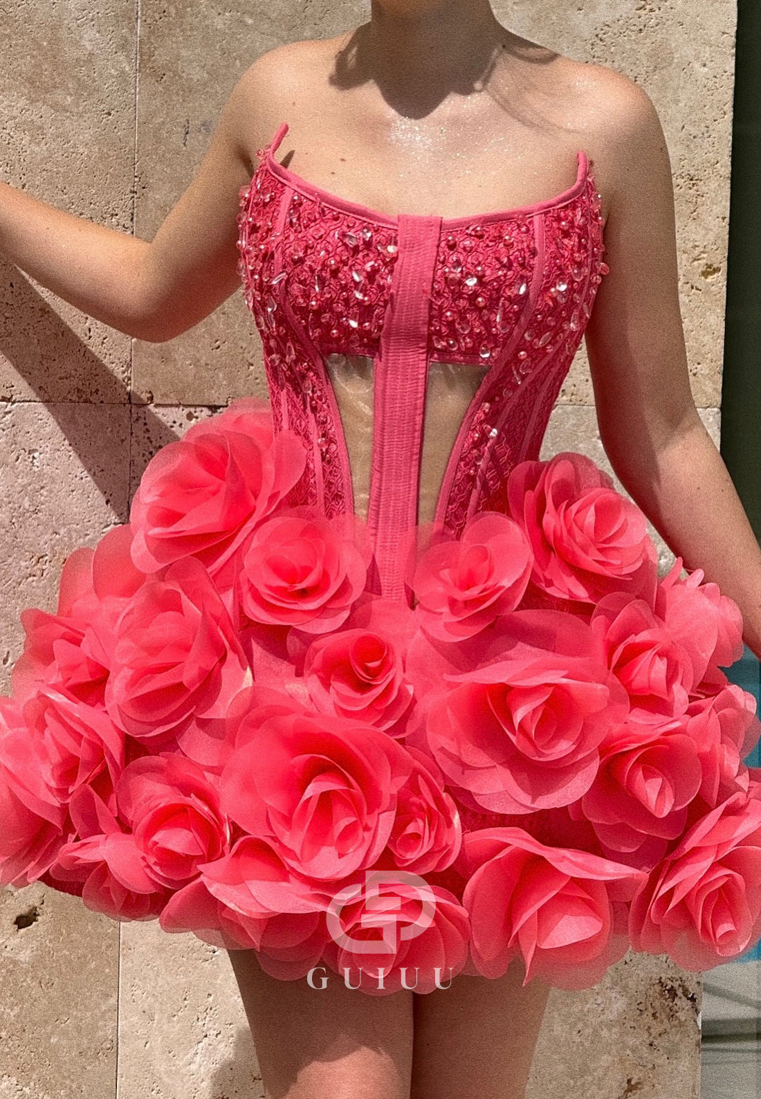 Flamingo Scoop Sleeveless Corset Appliques Homecoming Dress