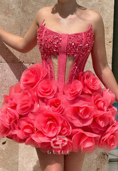 Flamingo Scoop Sleeveless Corset Appliques Homecoming Dress