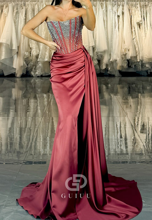 Flamingo Strapless Sleeveless Sequins Ruched Evening Dress