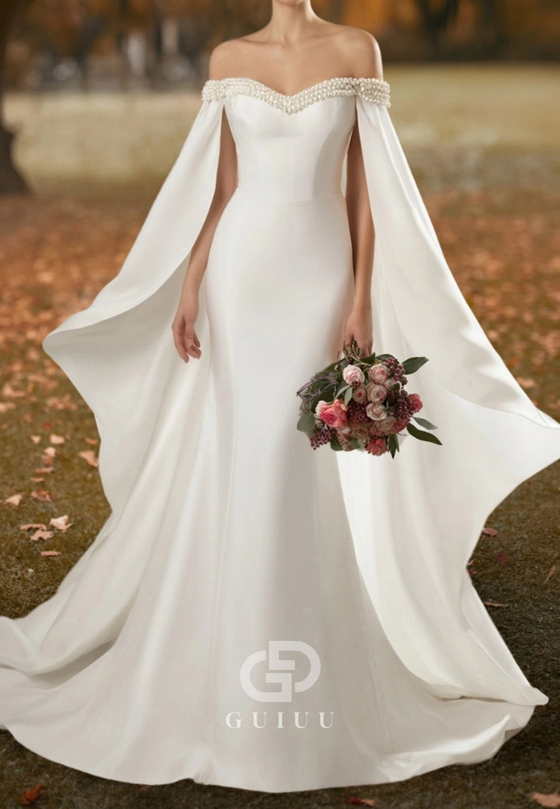 Formal Off-Shoulder Strapless Cape Mermaid Wedding Dress