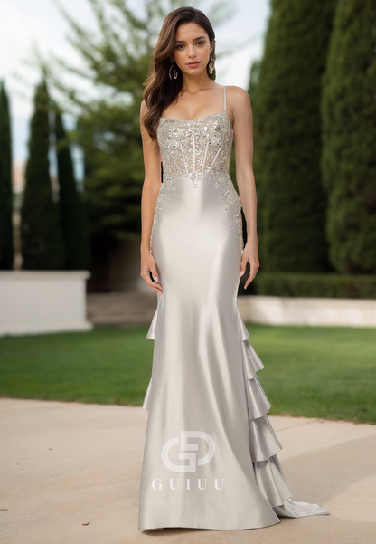 Frost Spaghetti Straps Sweetheart Prom Dress with Ruffles Evening Formal Dress