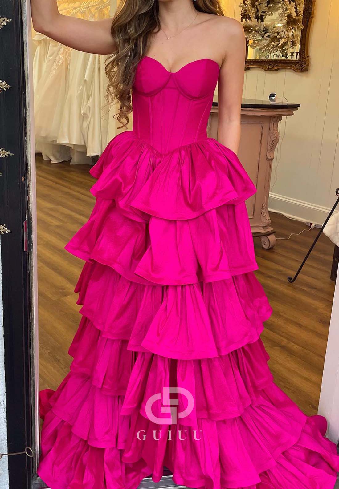 Fuchsia A-Line Sleeveless Strapless Prom Dress with Ruffles Party Dress