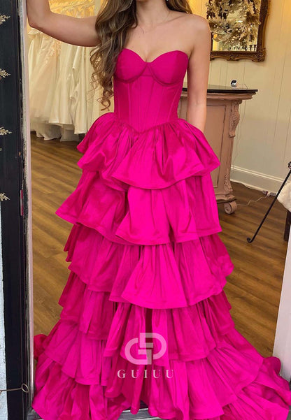 Fuchsia A-Line Sleeveless Strapless Prom Dress with Ruffles Party Dress